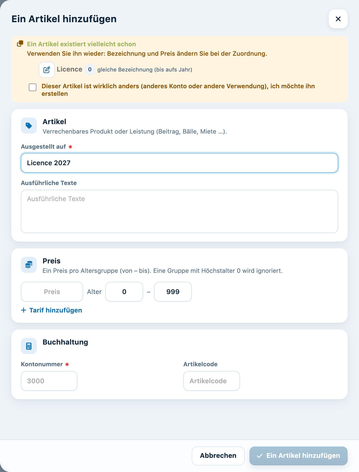 Die Warnung, wenn bereits ein ähnlicher Artikel existiert