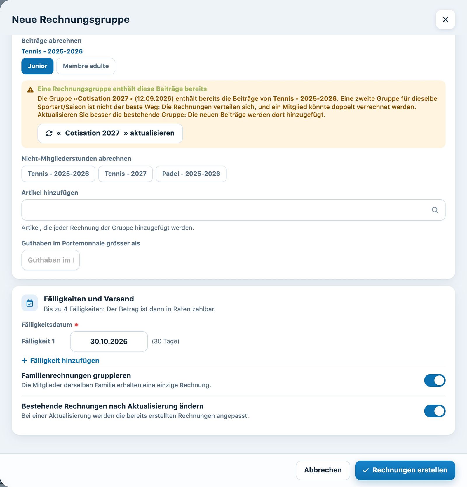 Die Beiträge der angekreuzten Saison und die Warnung vor einer bestehenden Gruppe