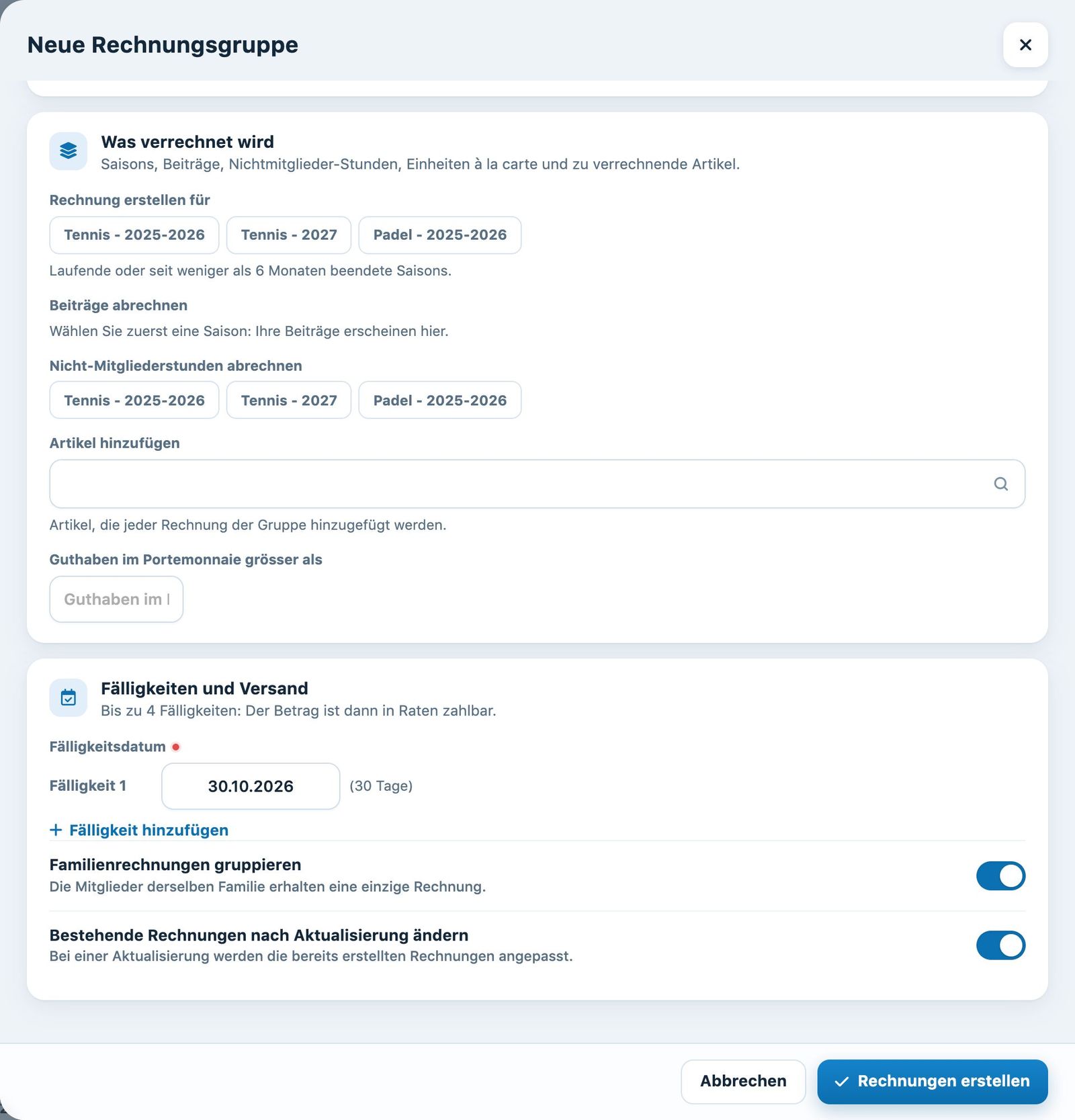 Fälligkeiten, Familiengruppierung und Nachführung beim Aktualisieren
