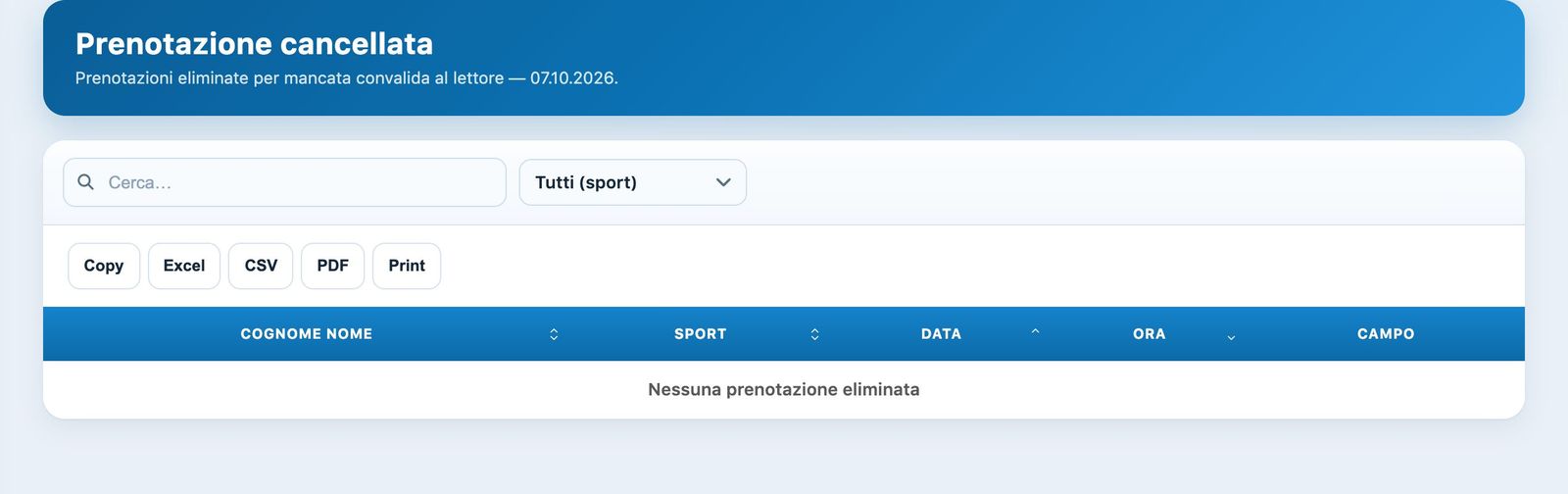 Elenco delle prenotazioni eliminate per mancata convalida
