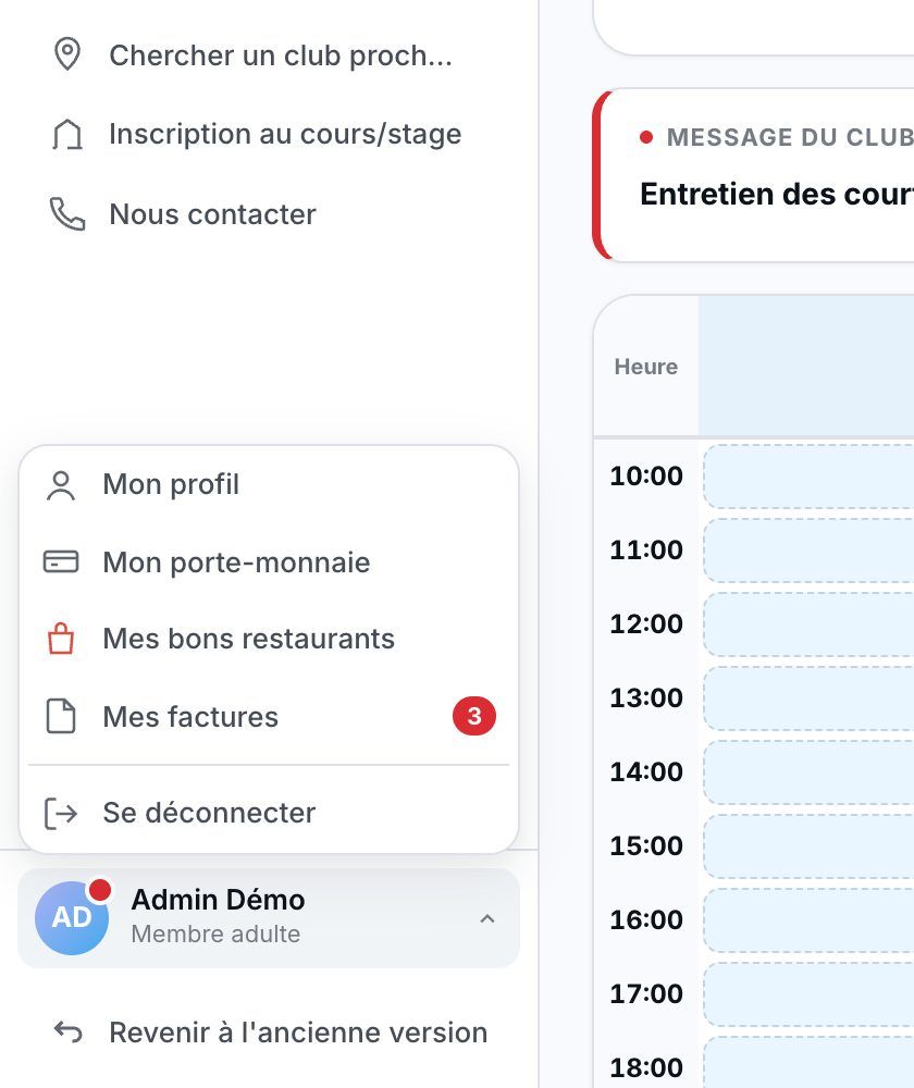 Le menu du compte, en bas à gauche